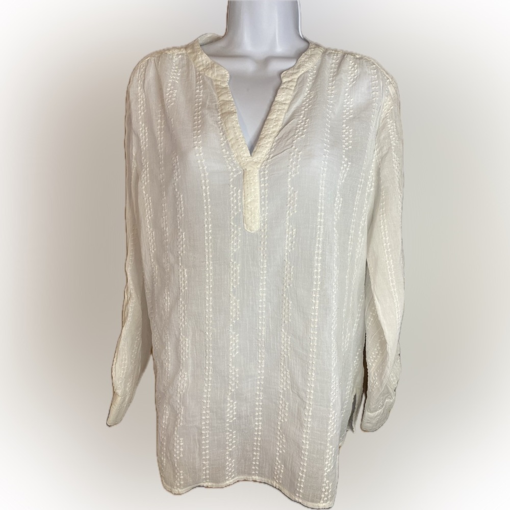 Style & Co 100% Cotton Large Woman’s Sheer Tunic Long Sleeve Button Embroidered